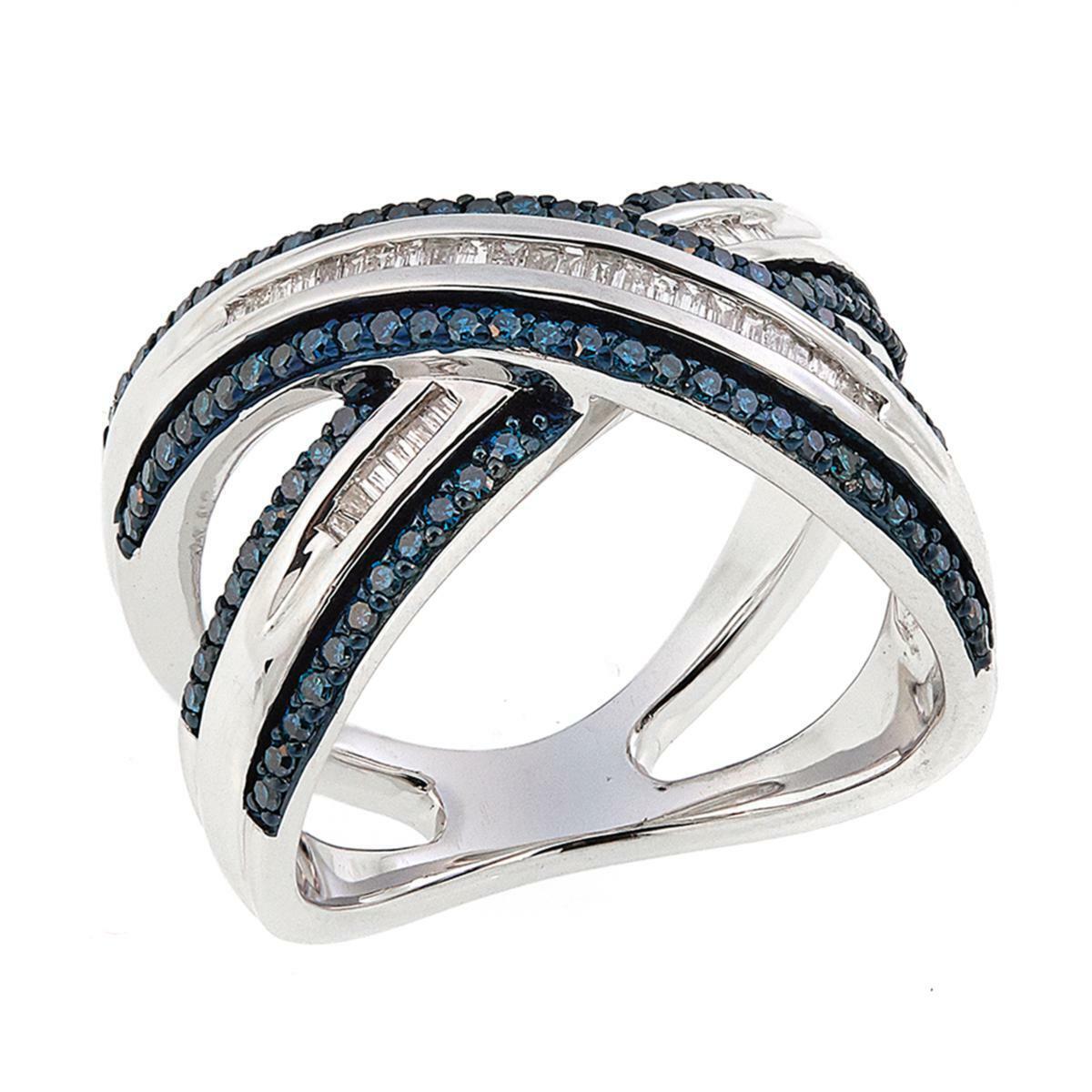 .60ctw Blue Colored and White Diamond Sterling Silver "X" Ring Size 5 HSN $405