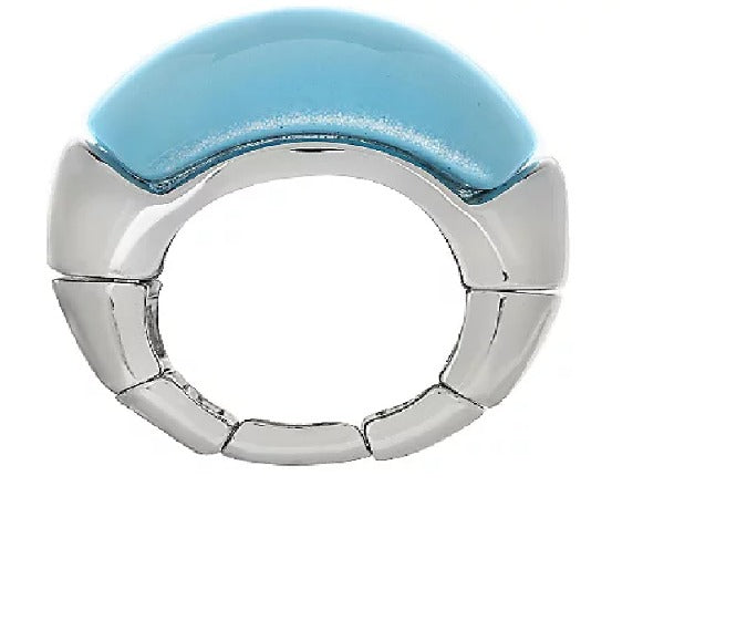 Susan Graver Blue Cats Eye Cabochon Stretch Ring, SilverTone, Size 9-10