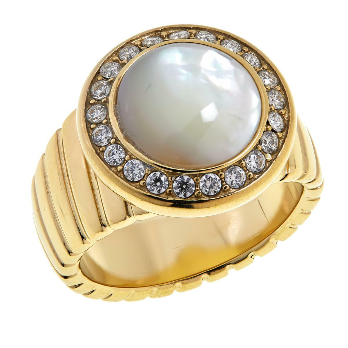 Colleen Lopez Blue White Mother of Pearl Cabochon and White Topaz Ring, Size 6
