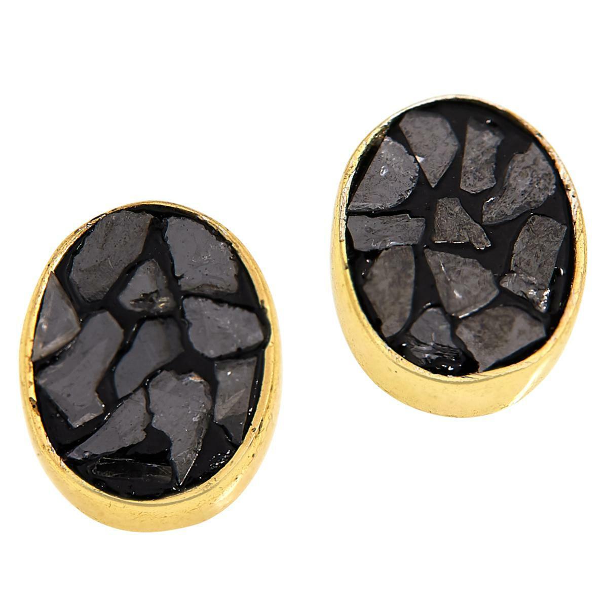 Joya Goldtone Deco Crushed Black Diamond Oval Stud Earrings