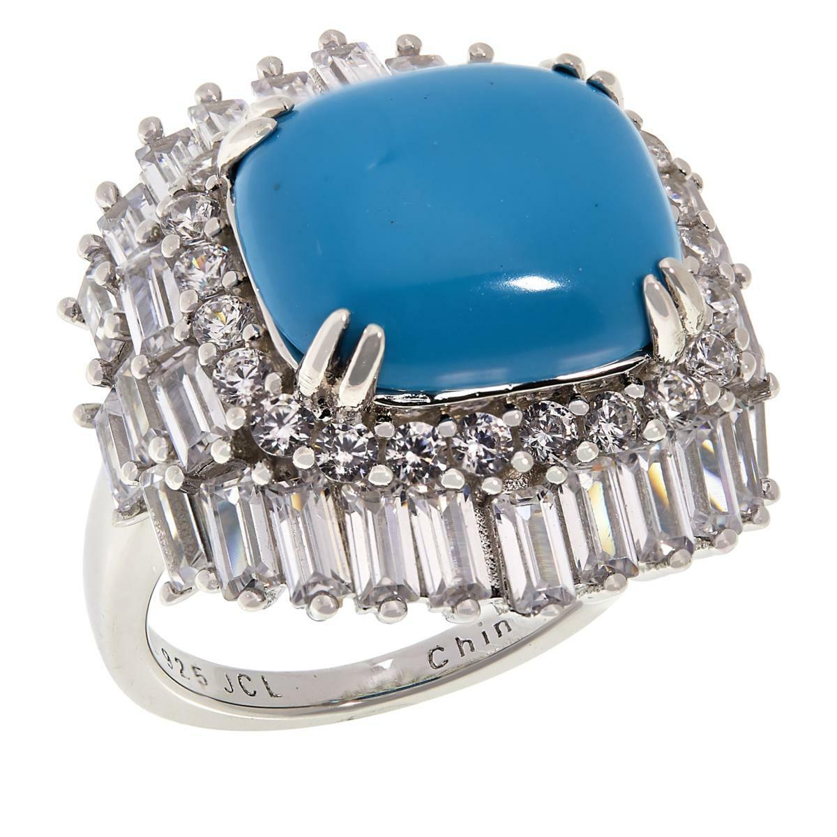 Absolute Cubic Zirconia and Simulated Turquoise Sterling Silver Ring, Size 9