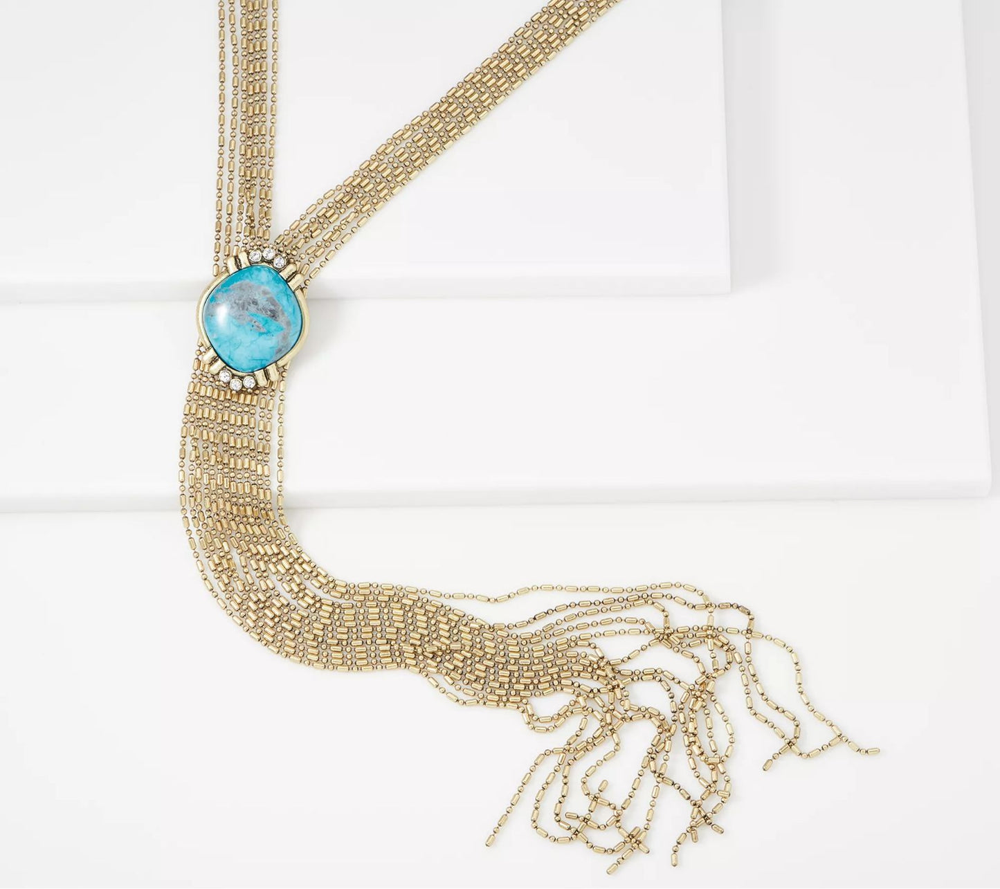 LOGO Links Marquise Turquoise, Crystal Bead Tassel Necklace, GoldTone, Sz 26"+3"
