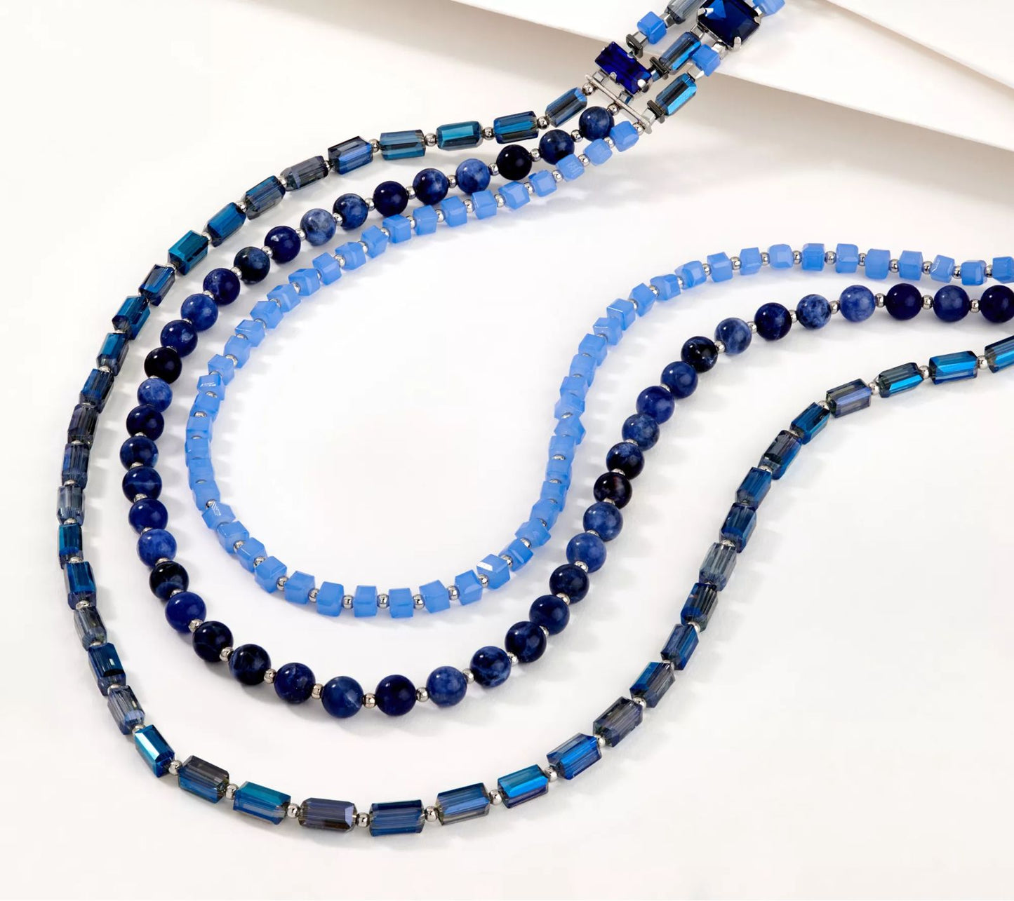 Susan Graver 32" Tri-strand Graduated Blue Crystal, Gem Beaded GoldTone Necklace