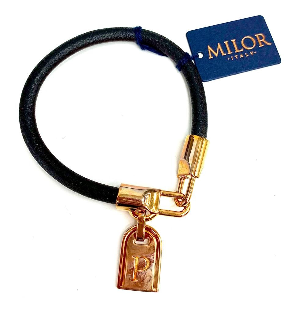 Rose Bronze Initial Tag "P" Leather Bracelet by Bronzo Italia 6-3/4''