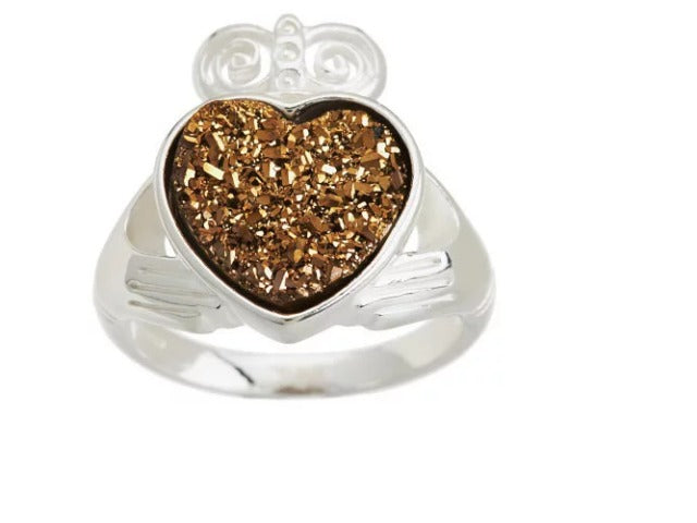 JMH Jewellery Sterling Silver Claddagh Drusy Quartz gold Ring Size.8