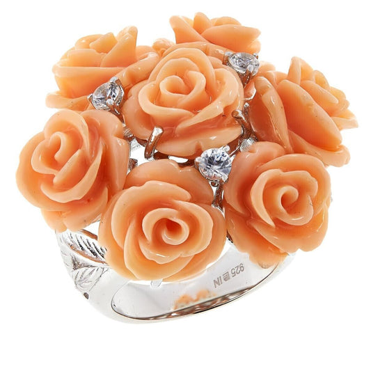 Rarities Sterling Silver  Peach Coral & White Zircon Rose Bouquet Ring. Size 6