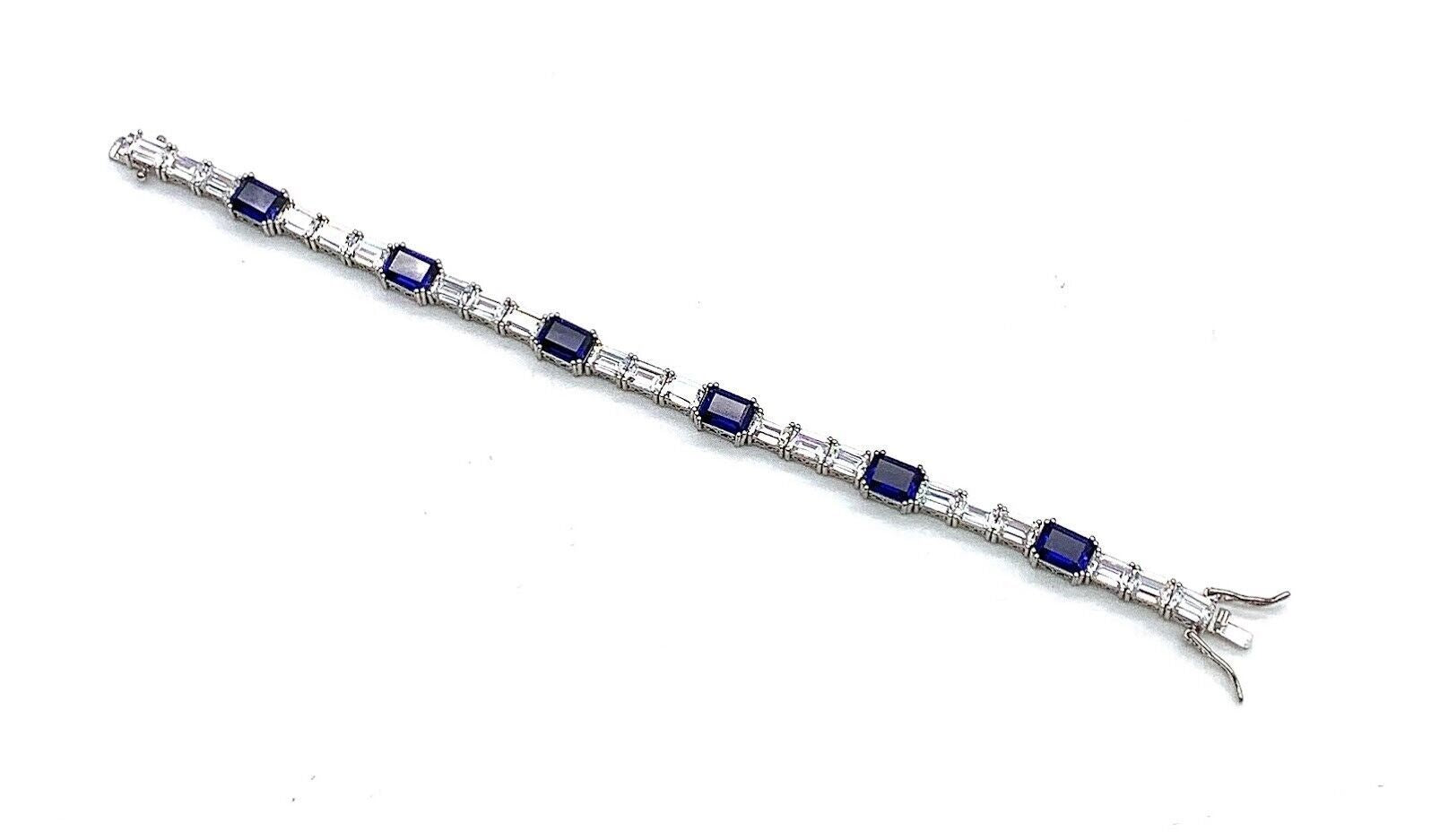 HSN Sterling Silver Blue & Clear Emeraldshape Cubic Zirconia Tennis Bracelet. 7"