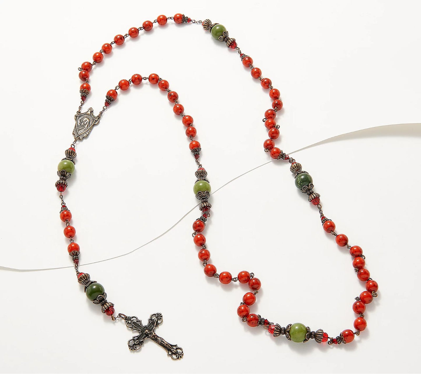 Connemara Marble Copper Rosary Cross Red Glass Green Marble Beads Necklace 26.5"