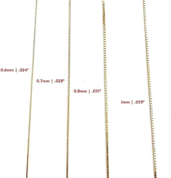 14K Solid Gold Thin Square Box 0.60mm Necklace Chain 16” – 24” - Yellow Gold