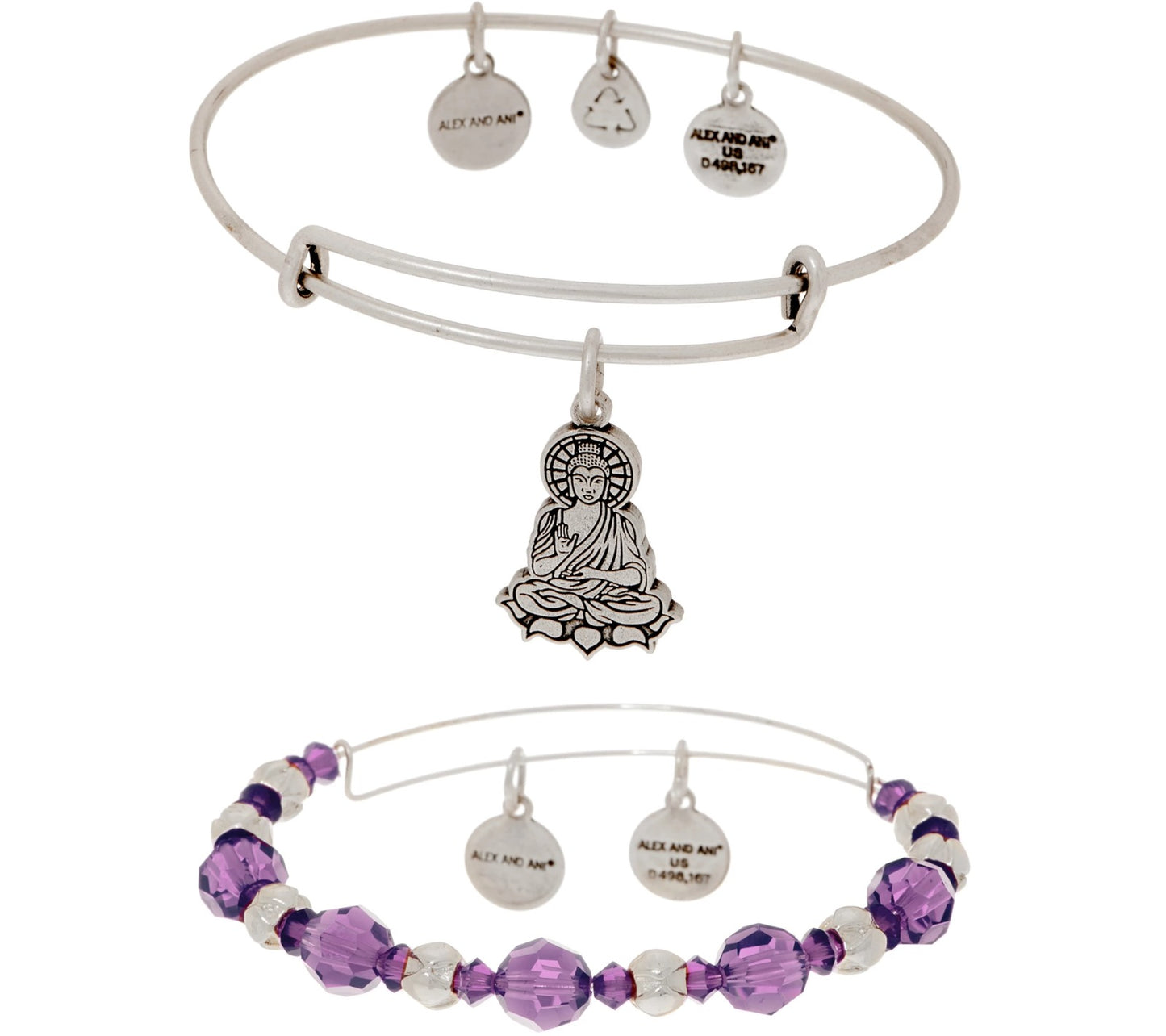Alex And Ani S/2 Bangles Charms & Purple Swarovski Crystals Bracelet Buddha