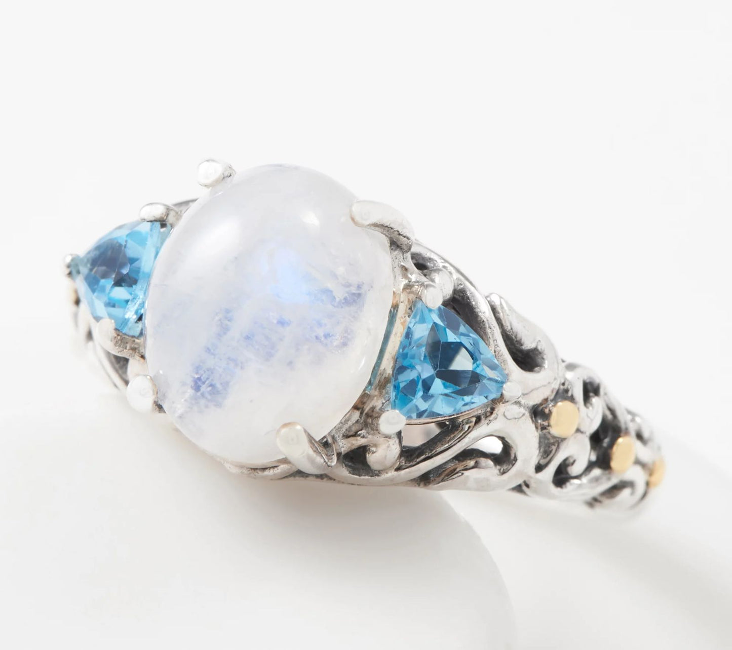 Artisan Crafted Sterling Silver Moonstone, Blue topaz Three Stone Ring Size 5