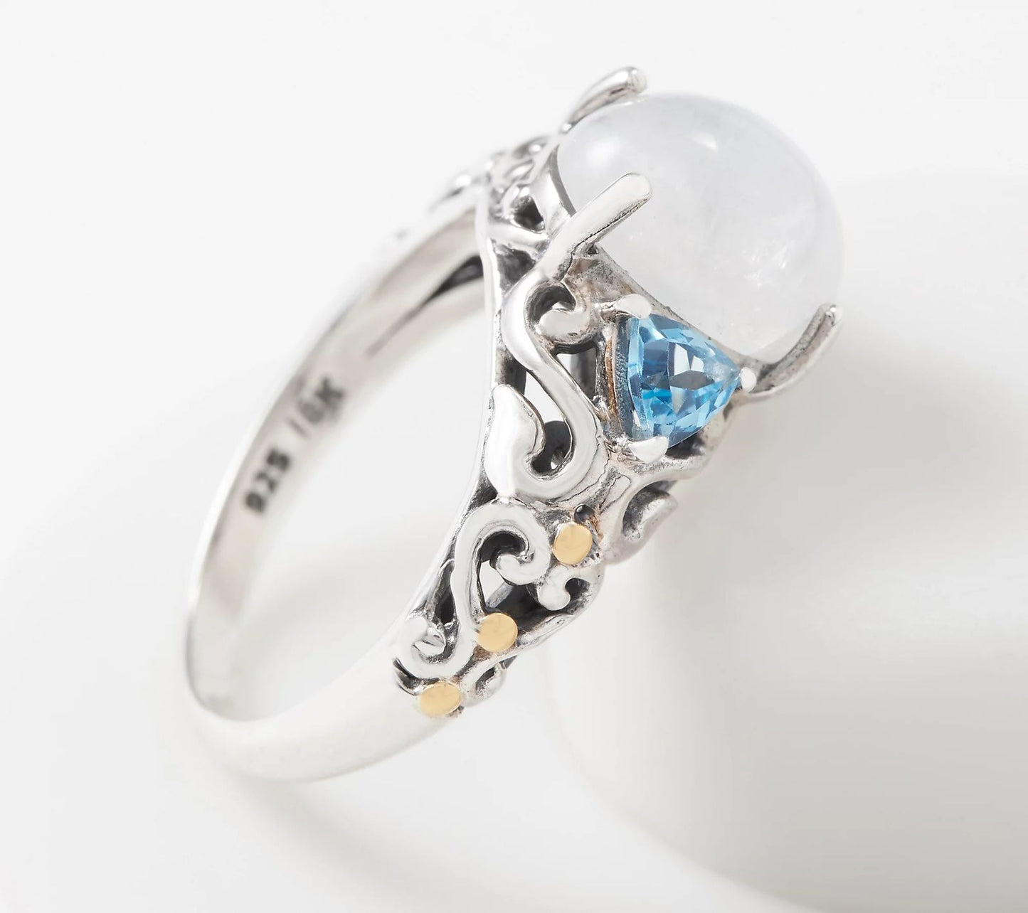 Artisan Crafted Moonstone, Blue Topaz Three Stone Ring, Size 6, Sterling Silver