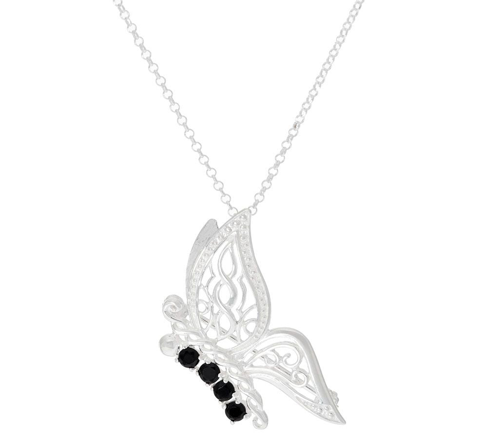 JMH Jewellery Round Black Spinel Butter Fly Pendant Necklace 18" Sterling Silver