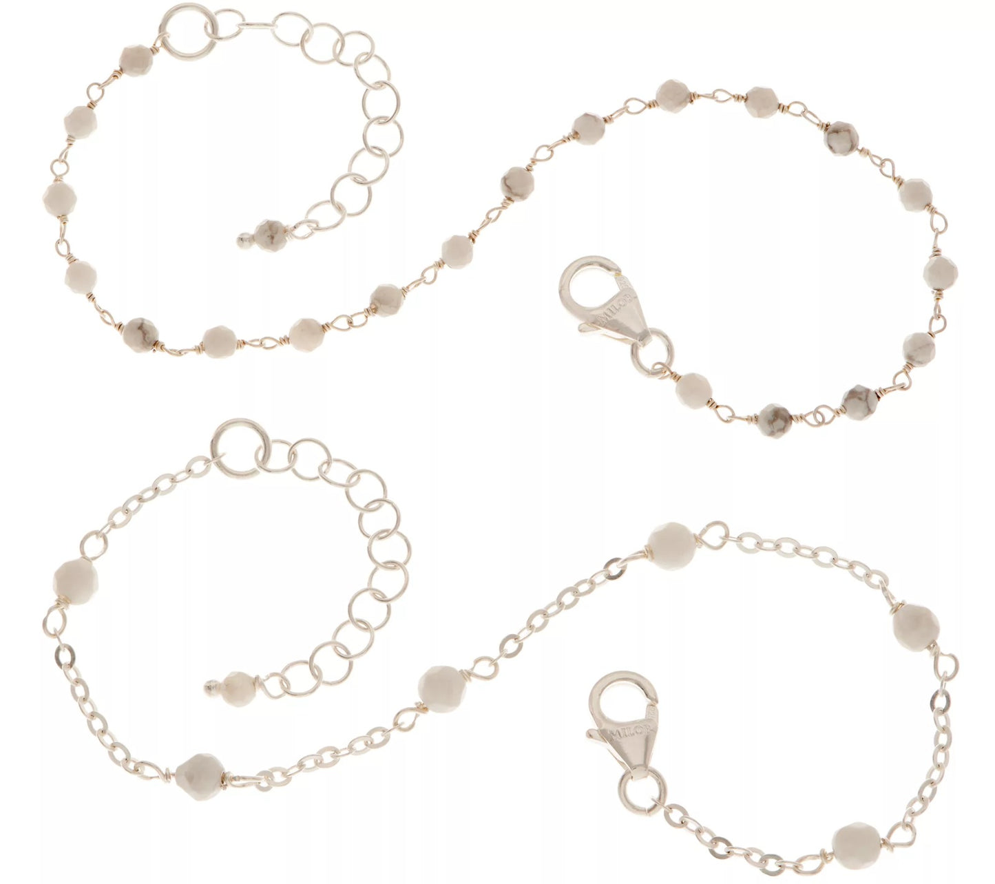 Italian Silver Set of 2 White Smoke Bead Bracelets 6-3/4"-8" Sterling silver