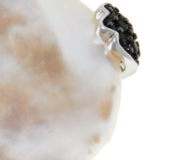 Deb Guyot Sterling Silver Semi Baroque Pearl & Black Spinel Ring. Size 8