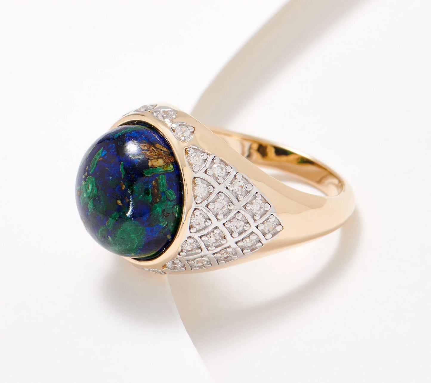 Generation Gems  Azurite & White Zircon Ring, 14K gold-plated sterling. Size 8