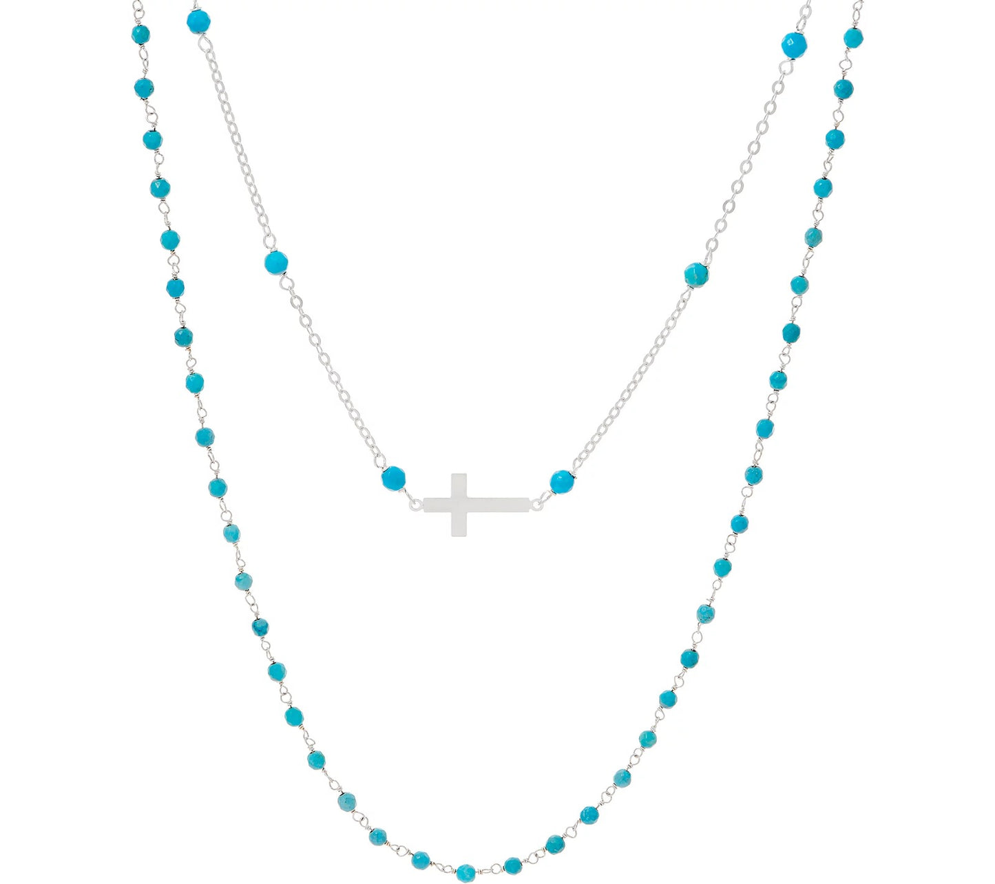 Italian Silver Cross Motif Gemstone Necklace Set Caribbean Blue