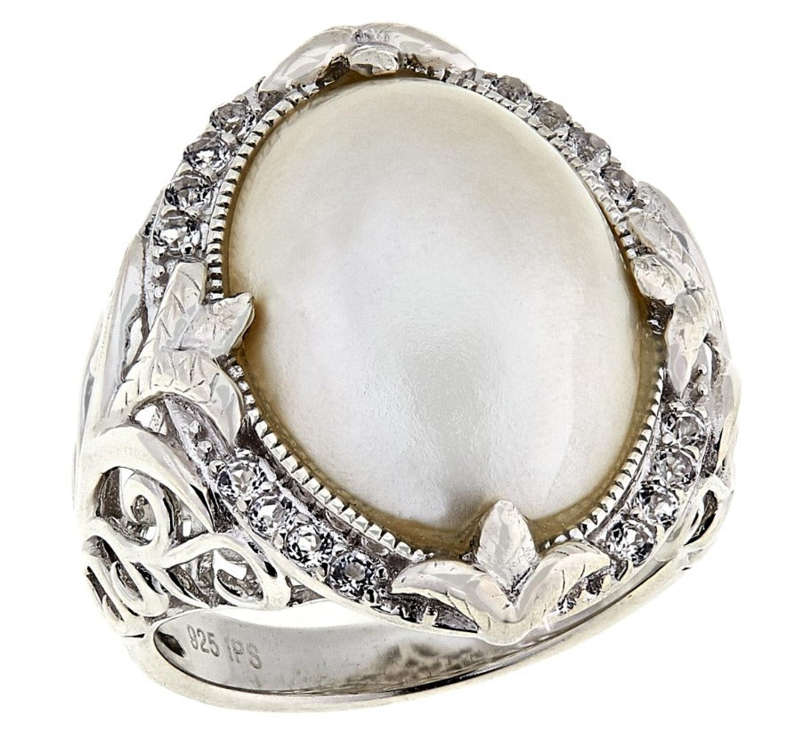 Imperial Pearls Cultured Mab Pearl and White Topaz Floral Ring, Size 6