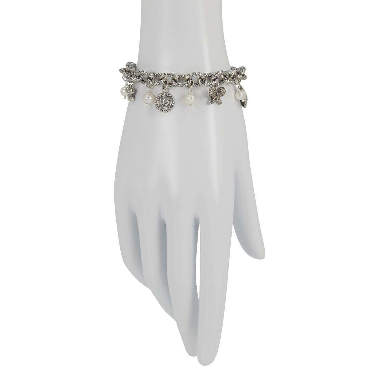 LiPaz Sterling Silver Cultured Pearl Butterfly Charm Bracelet, 7-1/4"