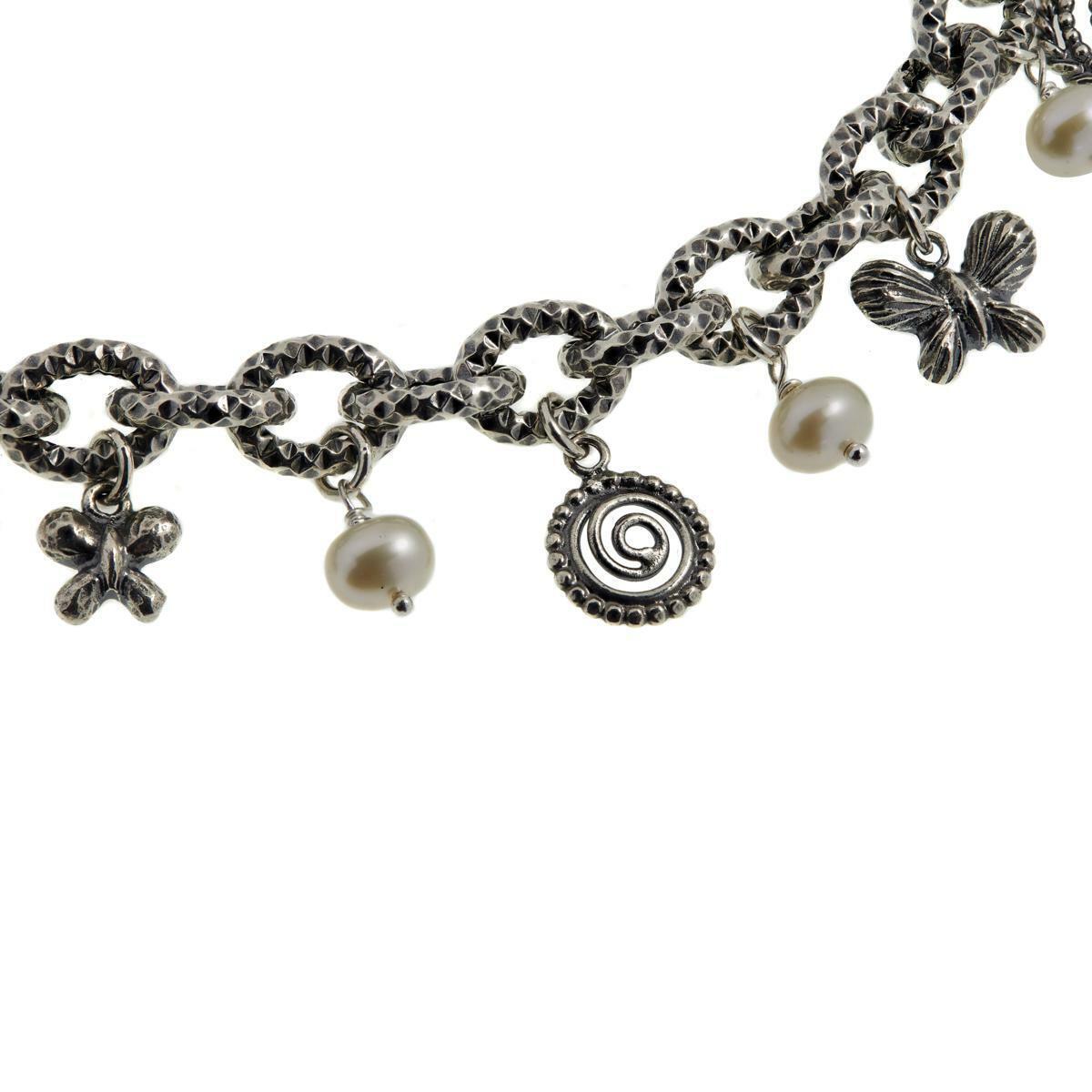 LiPaz Sterling Silver Cultured Pearl Butterfly Charm Bracelet, 7-1/4"