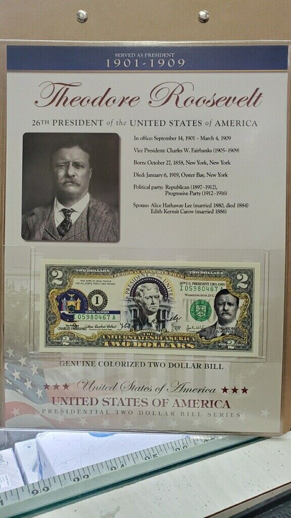 US Presidents Colorized $2 Bill - Theodore Roosevelt Commemorative $2 Currency | United States Notes