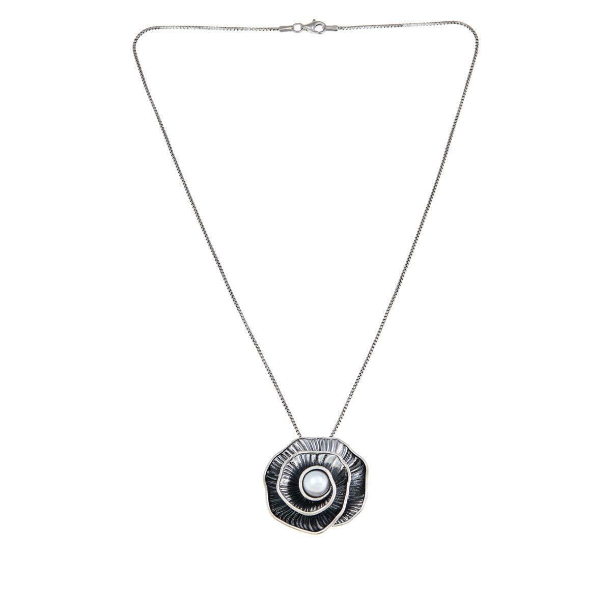 LiPaz Sterling Silver Cultured Pearl Spiral Flower Pendant 18" Necklace