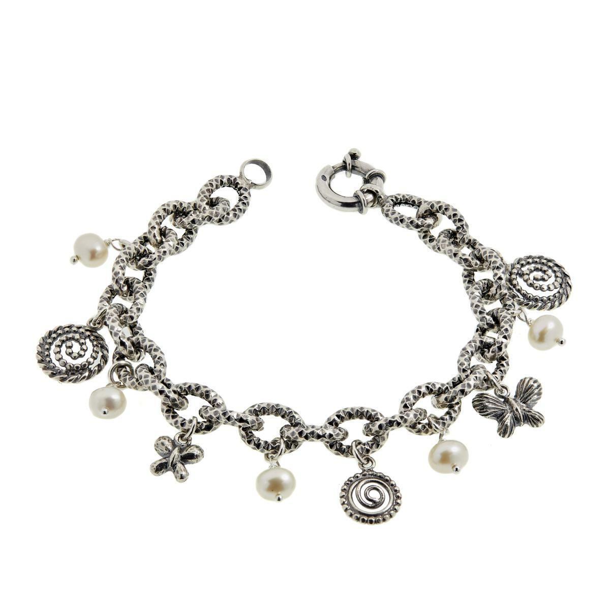 LiPaz Sterling Silver Cultured Pearl Butterfly Charm Bracelet, 8" Wrist fit