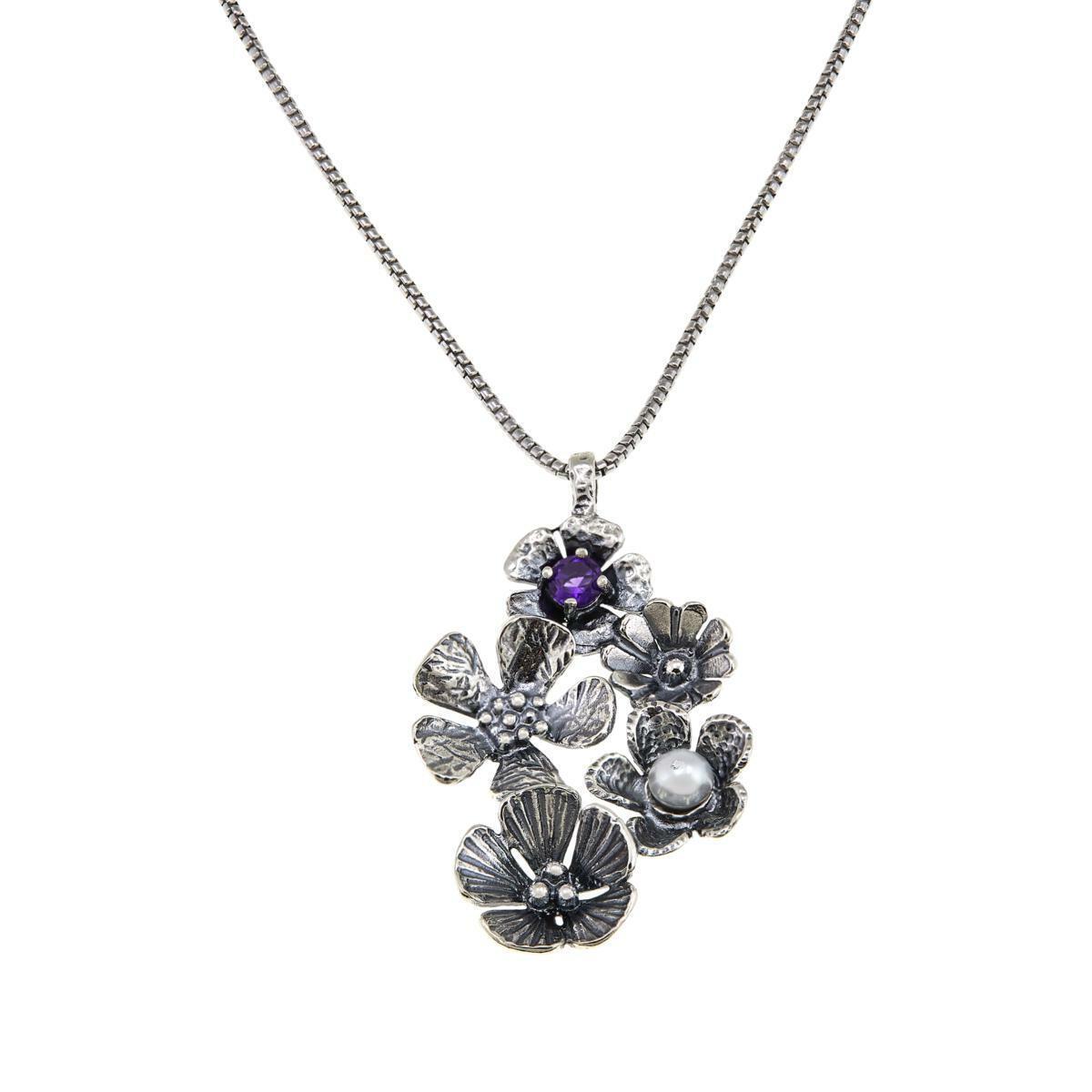 LiPaz Amethyst and Cultured Pearl Floral Pendant & 18" Necklace