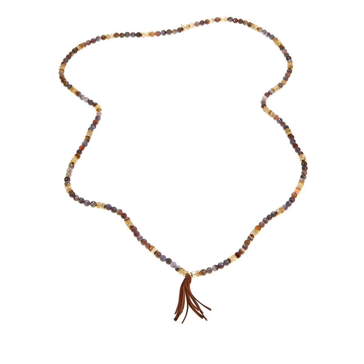 Rarities Carol Brodie Rutilated Quartz/Agate Beaded Leather Tassel 42" Necklace