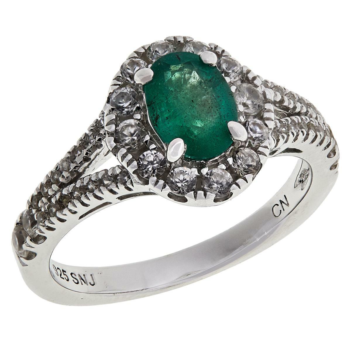 Rarities Sterling Silver Oval Emerald & White Zircon Halo-Design Ring, Size 7