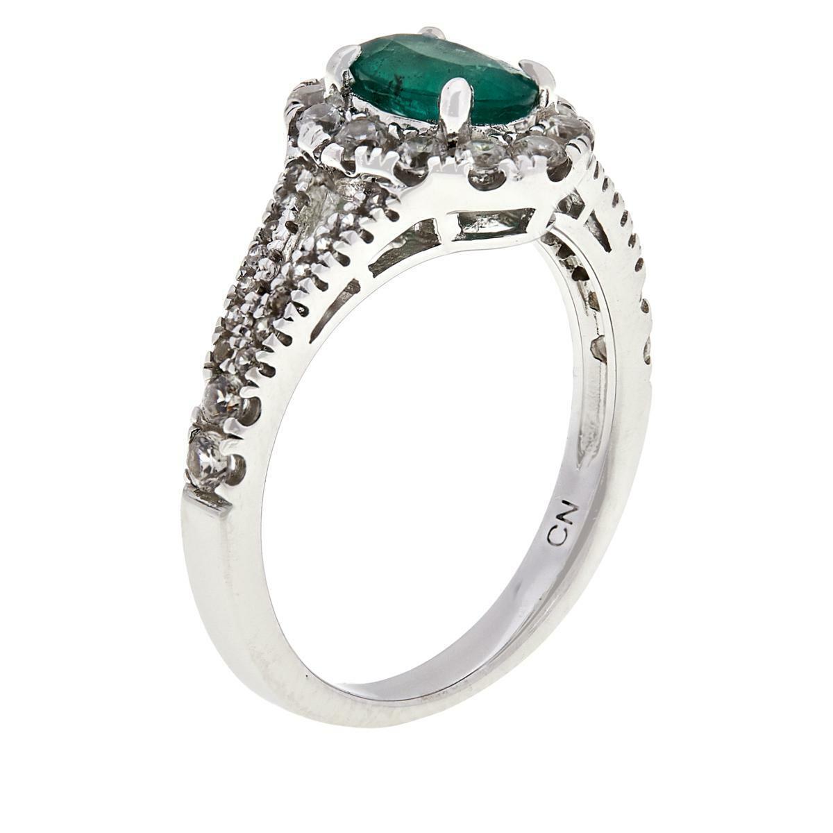 Rarities Sterling Silver Oval Emerald & White Zircon Halo-Design Ring, Size 7