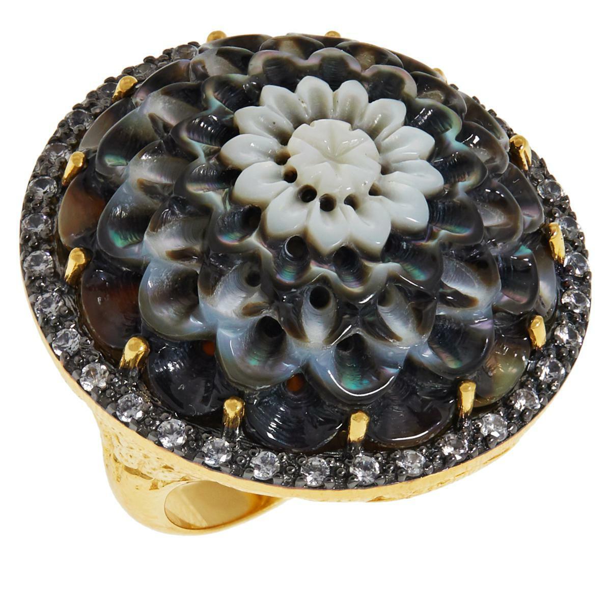 Rarities Black Mother of Pearl & White Zircon Carved Flower Ring Size 5