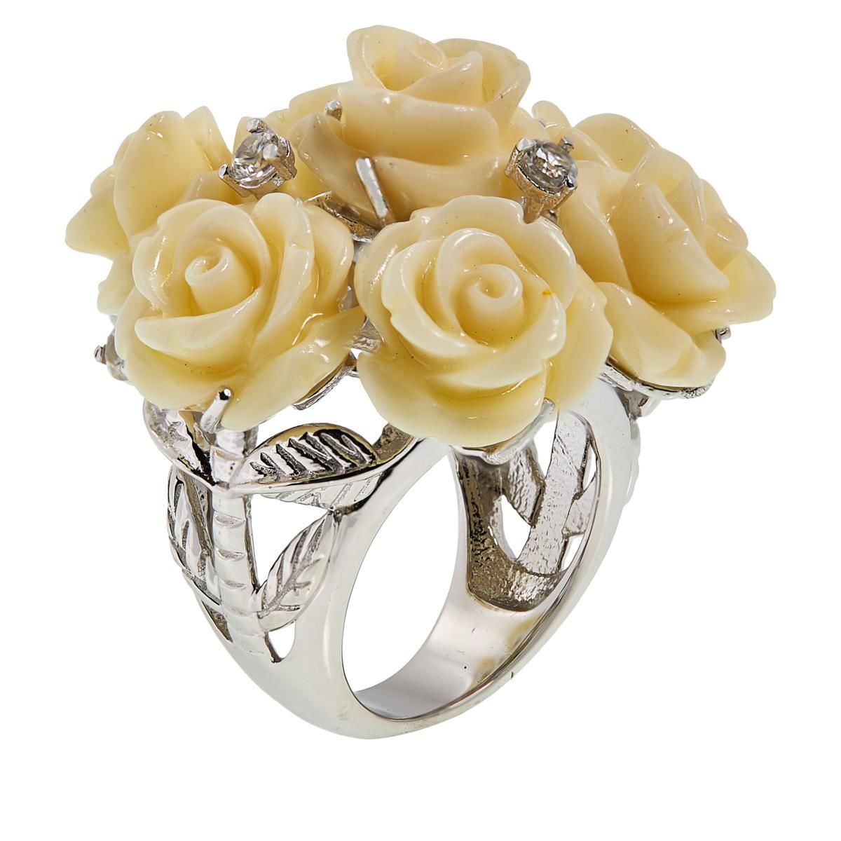 Rarities Carved Coral and White Zircon Rose Bouquet Ring, Size 5 - HSN $150