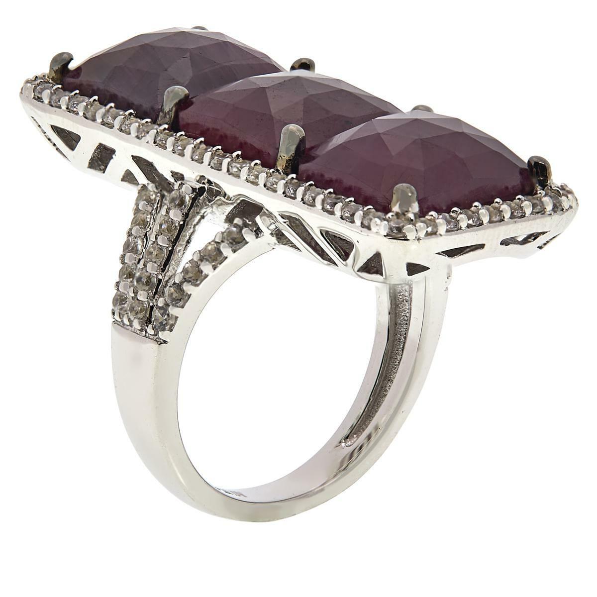 Rarities Sterling Silver 3-Stone Ruby and Zircon Ring, Size 5