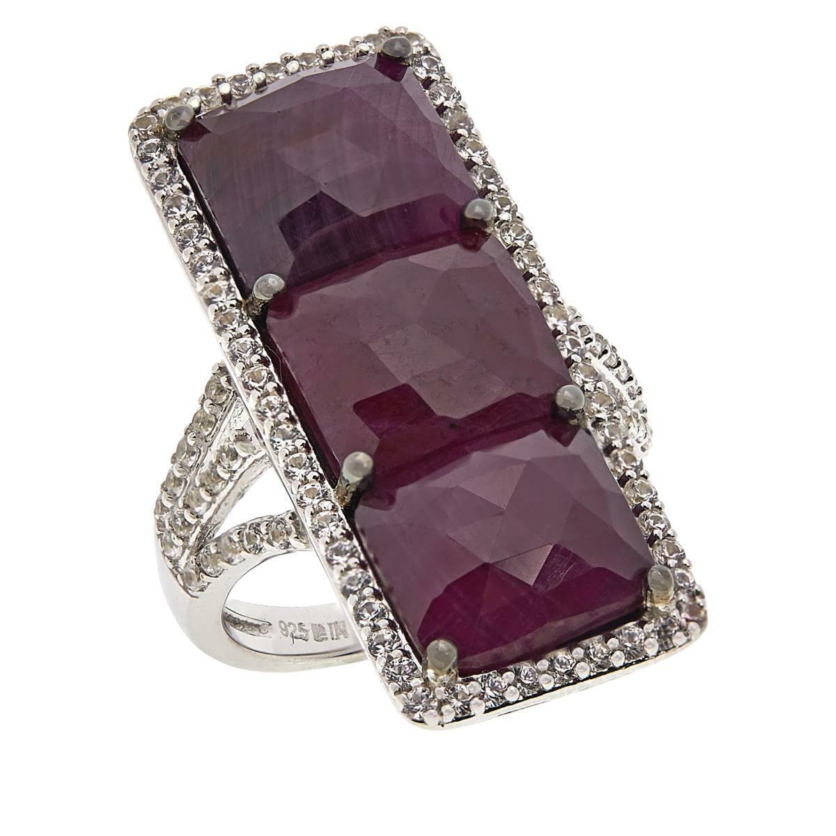 Rarities Sterling Silver 3-Stone Ruby and Zircon Ring, Size 5