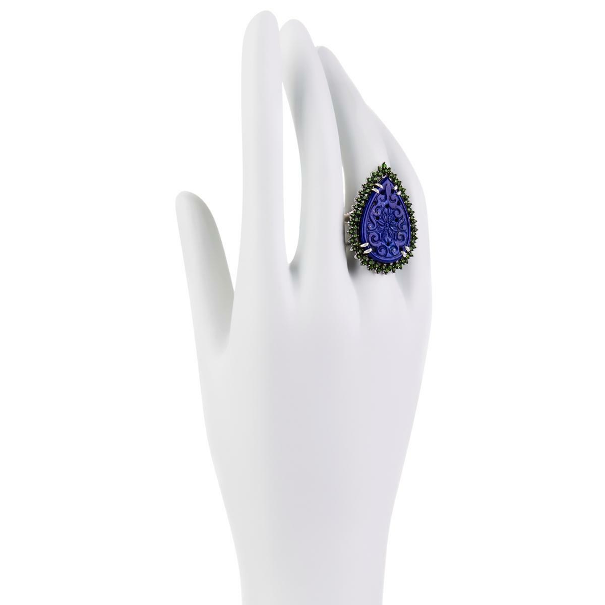 Rarities Pear-shaped Carved Lapis and Chrome Diopside Ring, Size 6