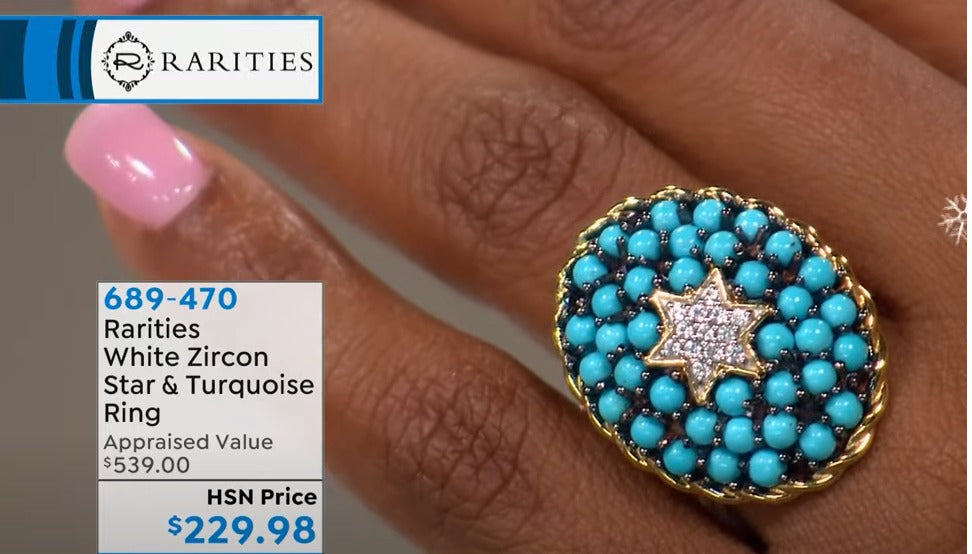 Rarities White Zircon Star and Turquoise Cabochon Ring, Size 7