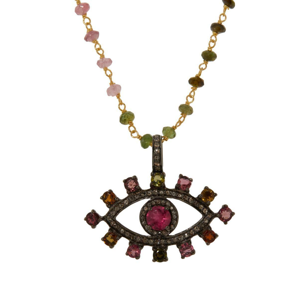 Rarities Multicolored Tourmaline and Diamond Evil Eye Necklace,  16"-18"