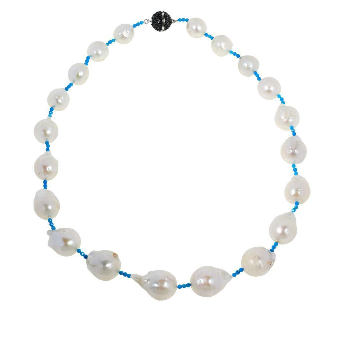 Rarities 20" Cultured Pearl & Blue Howlite Necklace w/ Black Spinel Magnet Clasp