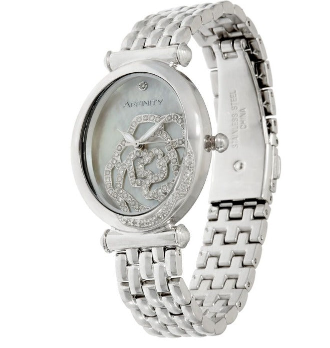 Rose Encrusted Diamond Watch, Stainless Steel by Affinity Silvertone 6-3/4"
