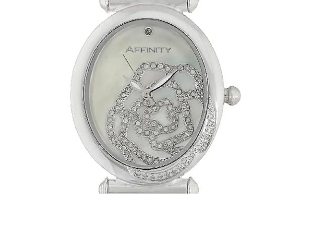 Rose Encrusted Diamond Watch, Stainless Steel by Affinity Silvertone 6-3/4"