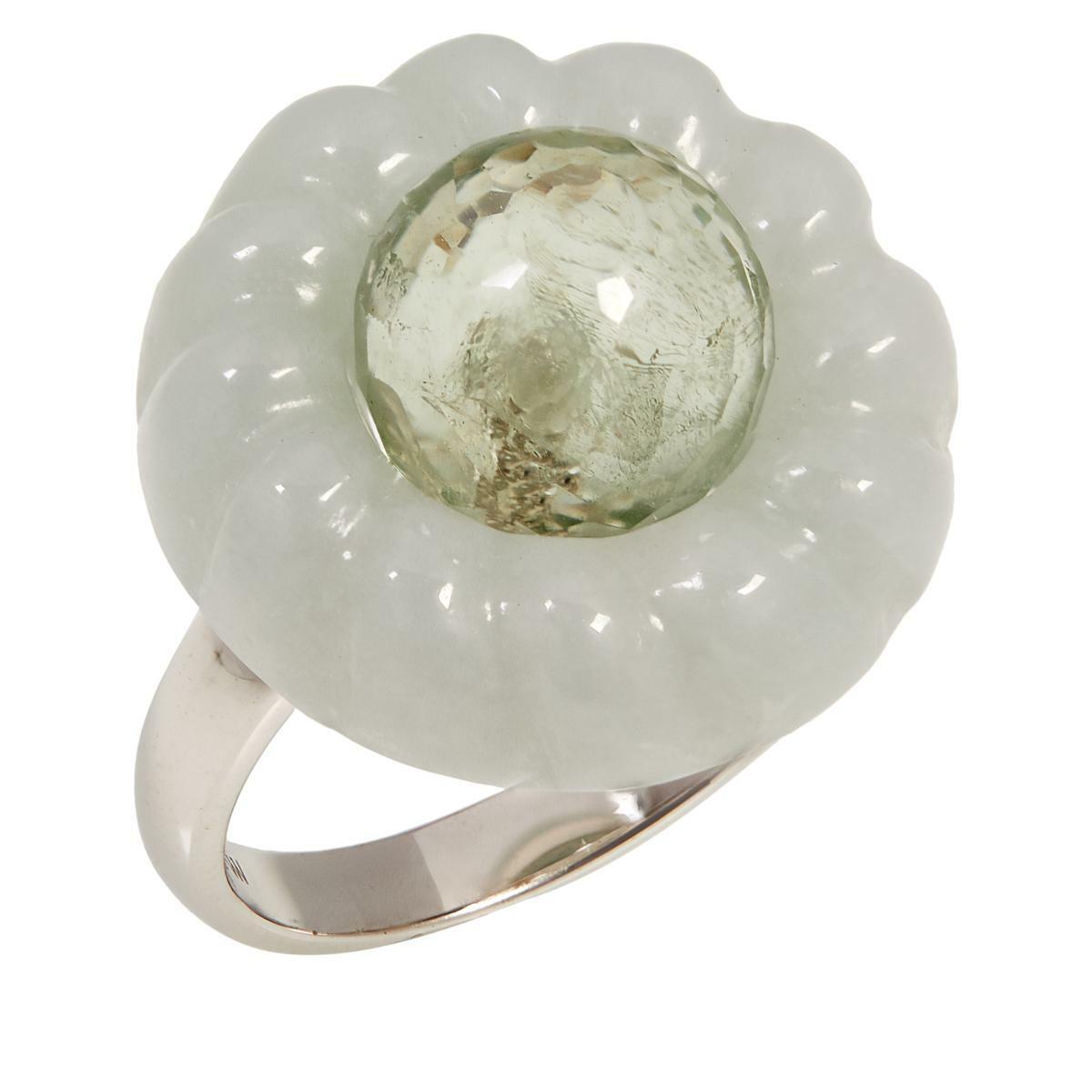 Jade of Yesteryear Sterling Silver Jade and Prasiolite Cable Frame Ring, Size 8
