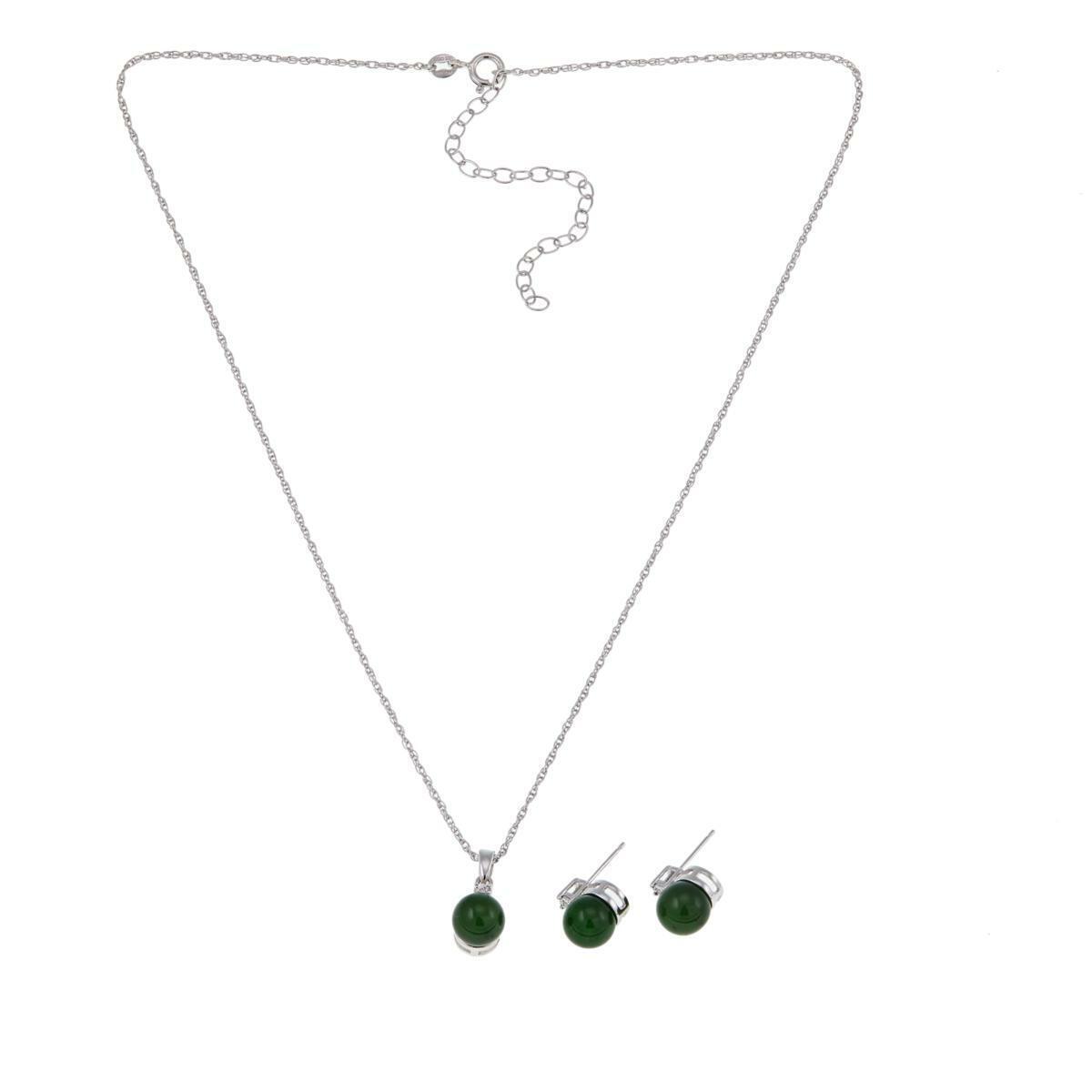Jade of Yesteryear Silvertone Green Jade Studs & Pendant Set w/ Diamond Accents~