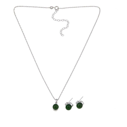 Jade of Yesteryear Silvertone Green Jade Studs & Pendant Set w/ Diamond Accents~