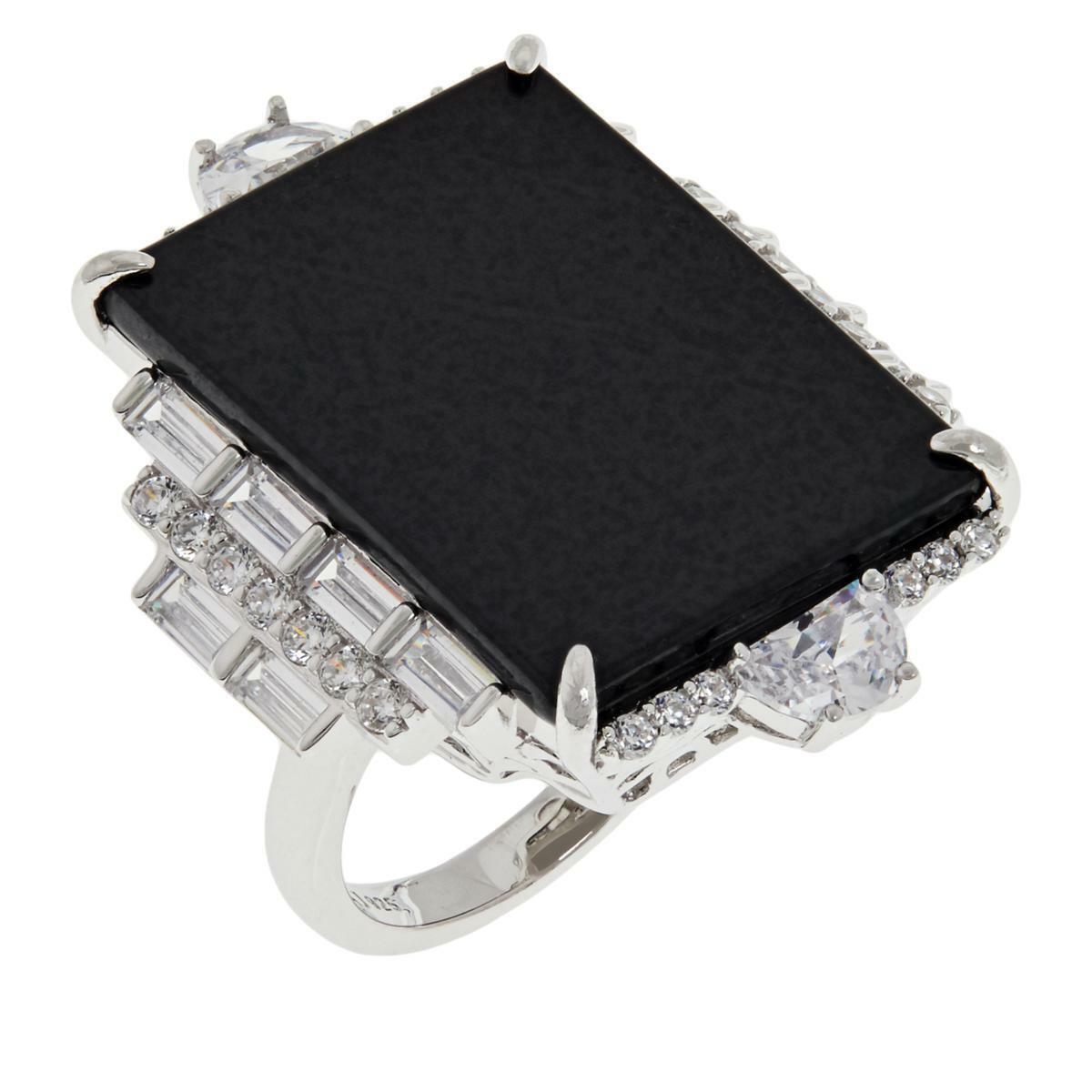 Jade of Yesteryear Sterling Silver Rectangular Black Jade and CZ Ring, Size 7