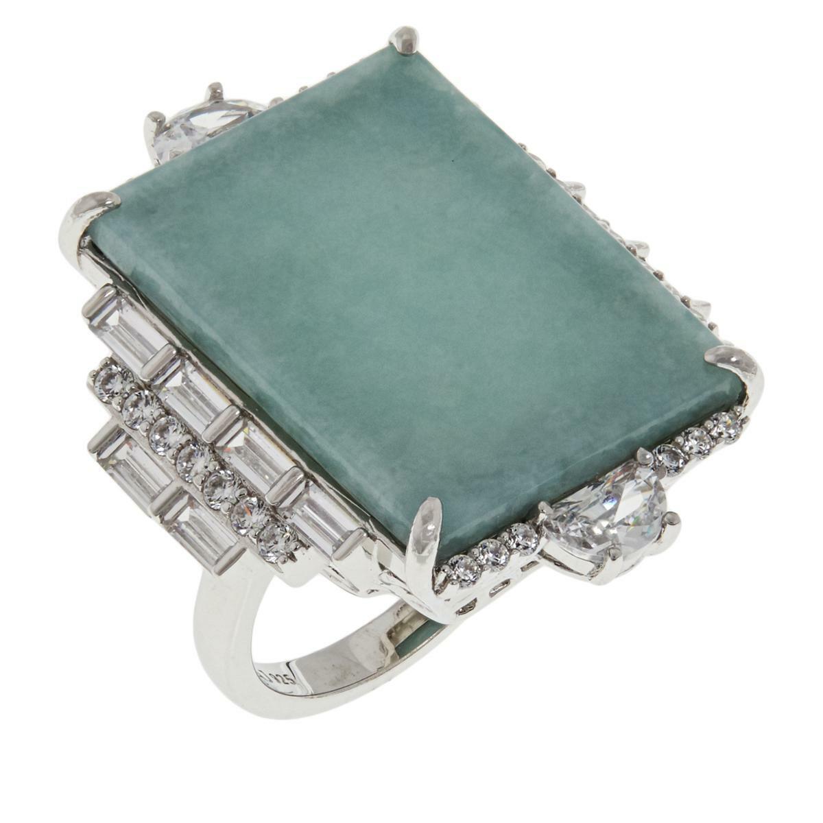 Jade of Yesteryear Sterling Silver Rectangular Green Jade and CZ Ring, Size 7
