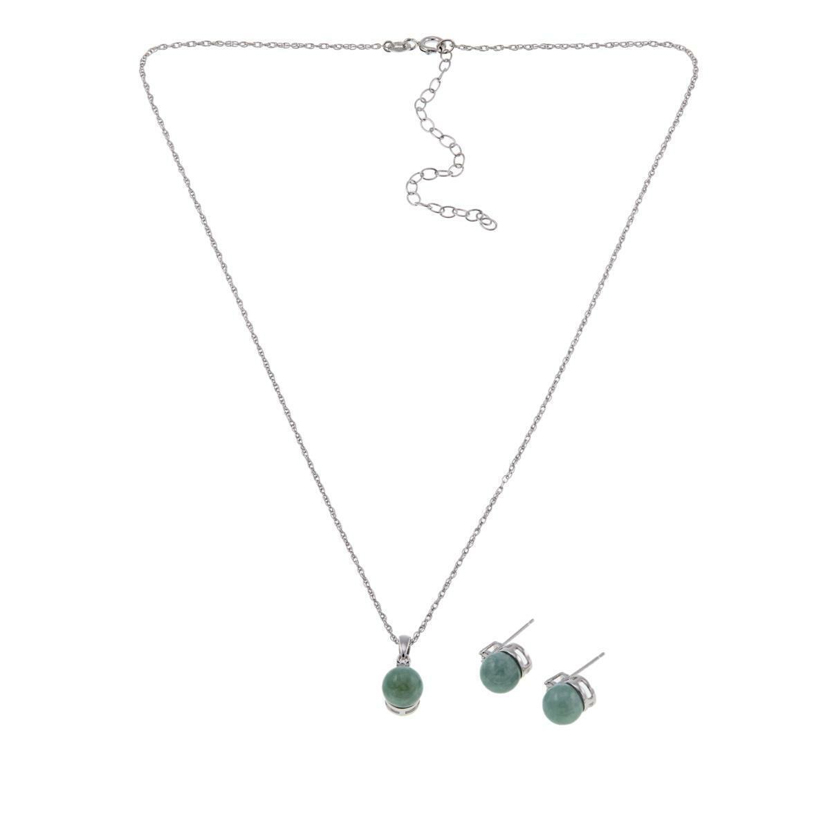 Jade of Yesteryear Light Green Jade Studs & Pendant Set with Diamond Accents