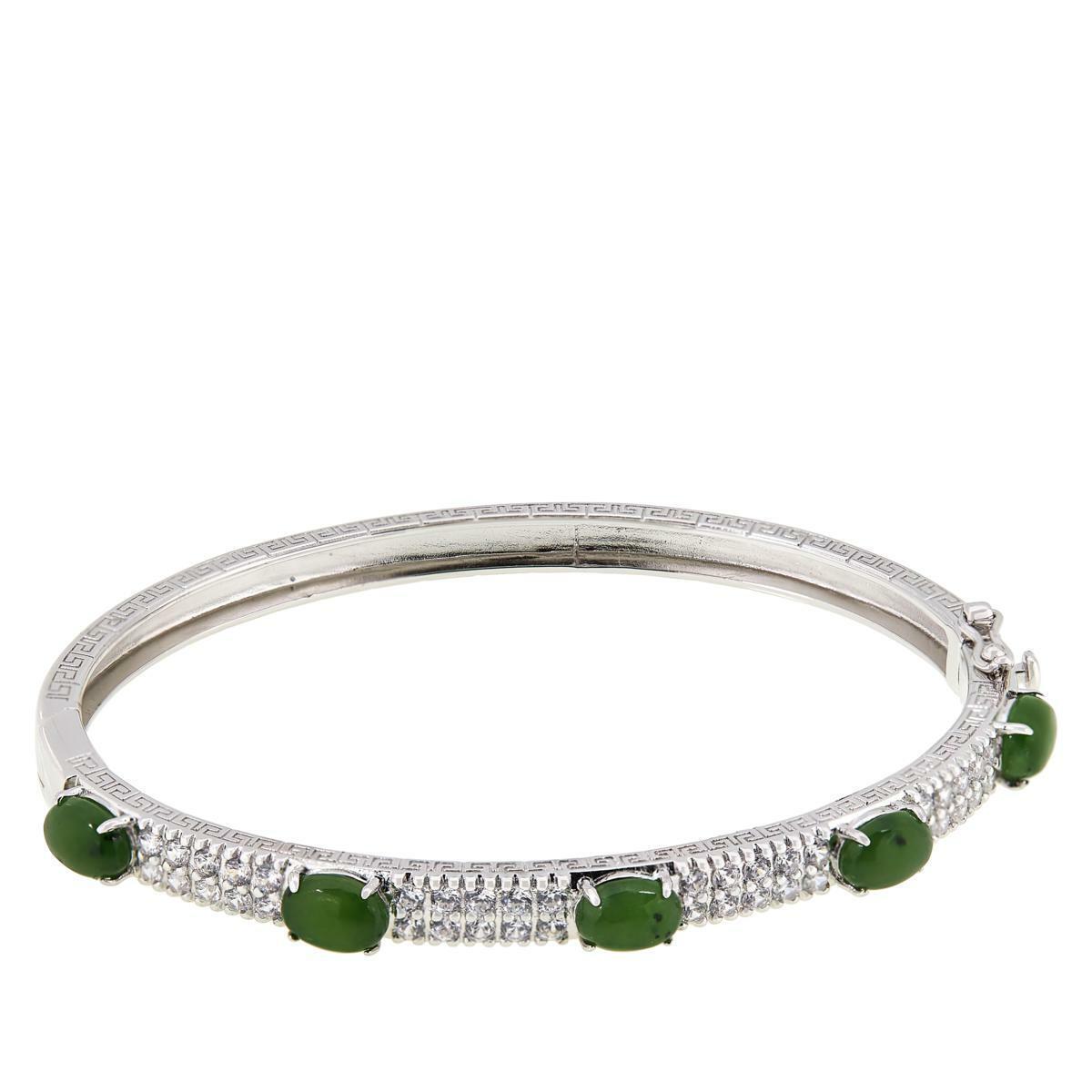 Jade of Yesteryear Sterling Silver Green Jade Oval Bangle Bracelet, 7-3/4"