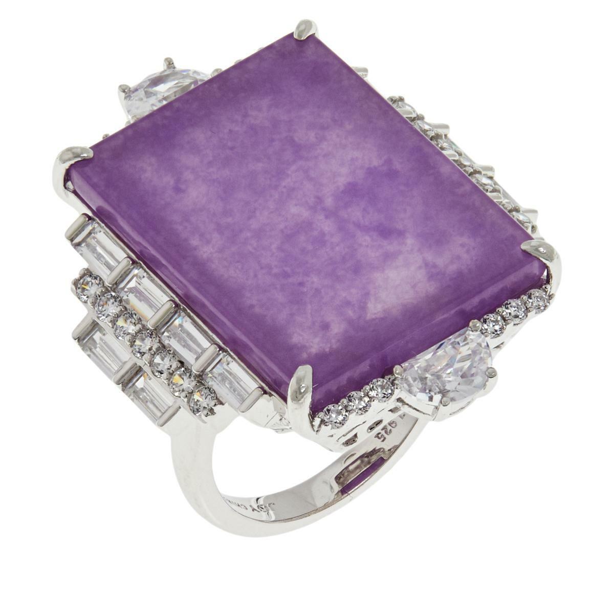 Jade of Yesteryear Sterling Silver Rectangular Purple Jade and CZ Ring, Size 6