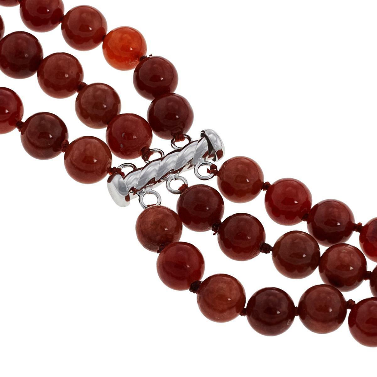 Jade of Yesteryear Sterling Silver 3-Strand Red Jade Bead Necklace 22"